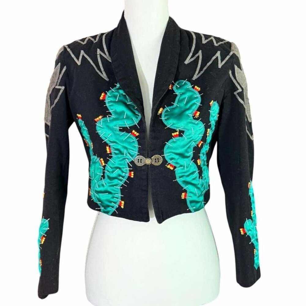 Victor Camarena Cactus Appliqué Cropped Jacket Black 100% Cotton